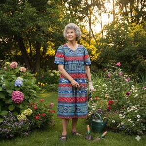 Vintage Fundamentals House Dress Red Blue Floral Medium 90s‎ Farm Grandma